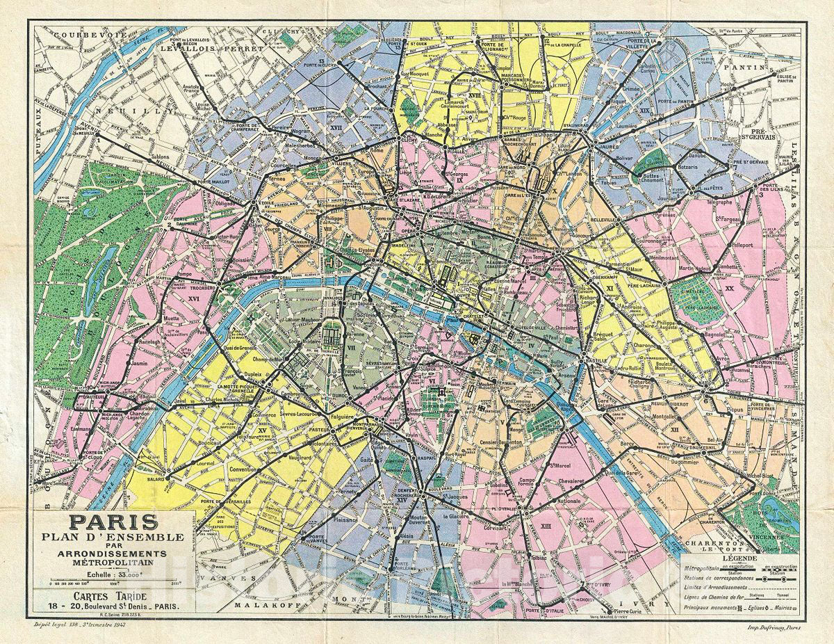 Historic Map : Taride Plan or Map of Paris, France, 1947, Vintage Wall Art