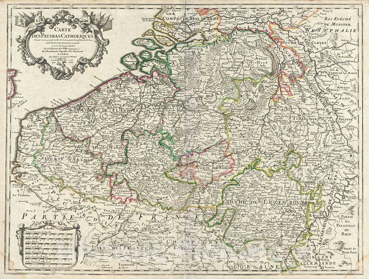 Historic Map : De L'isle Map of Belgium, Luxemburg and The Netherlands, 1702, Vintage Wall Art