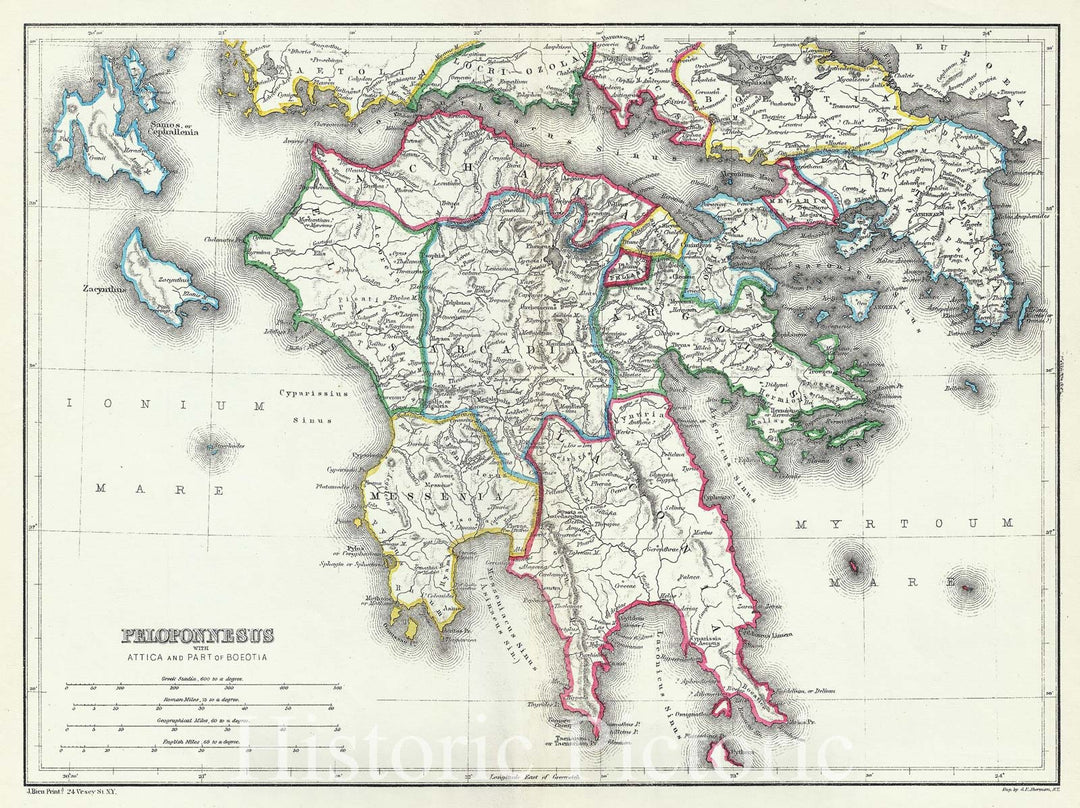 Historic Map : Hughes Map of The Peloponnese Peninsula or Southern Greece in Antiquity, 1867, Vintage Wall Art