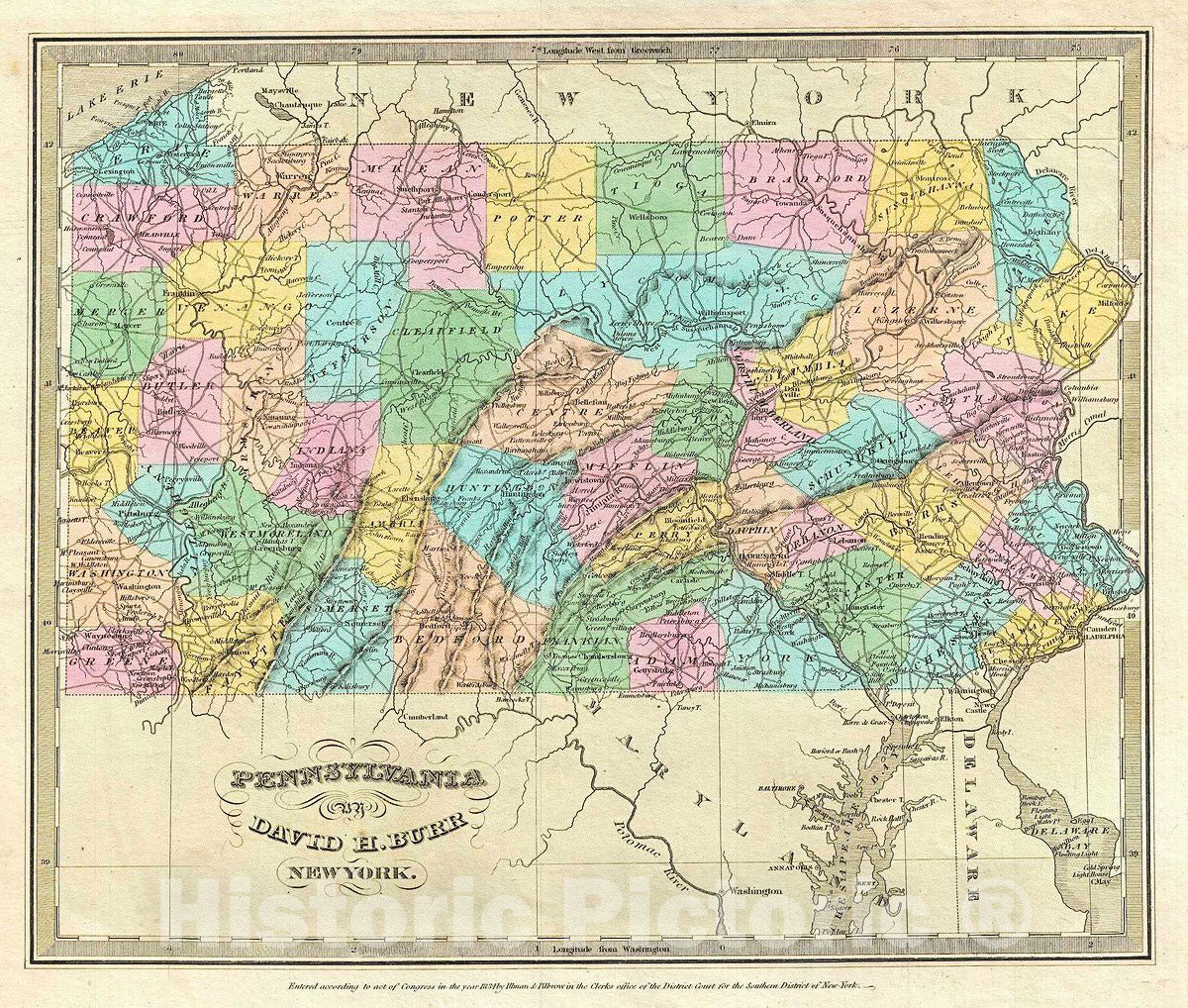 Historic Map : Burr Antique Map of Pennsylvania, 1834, Vintage Wall Art