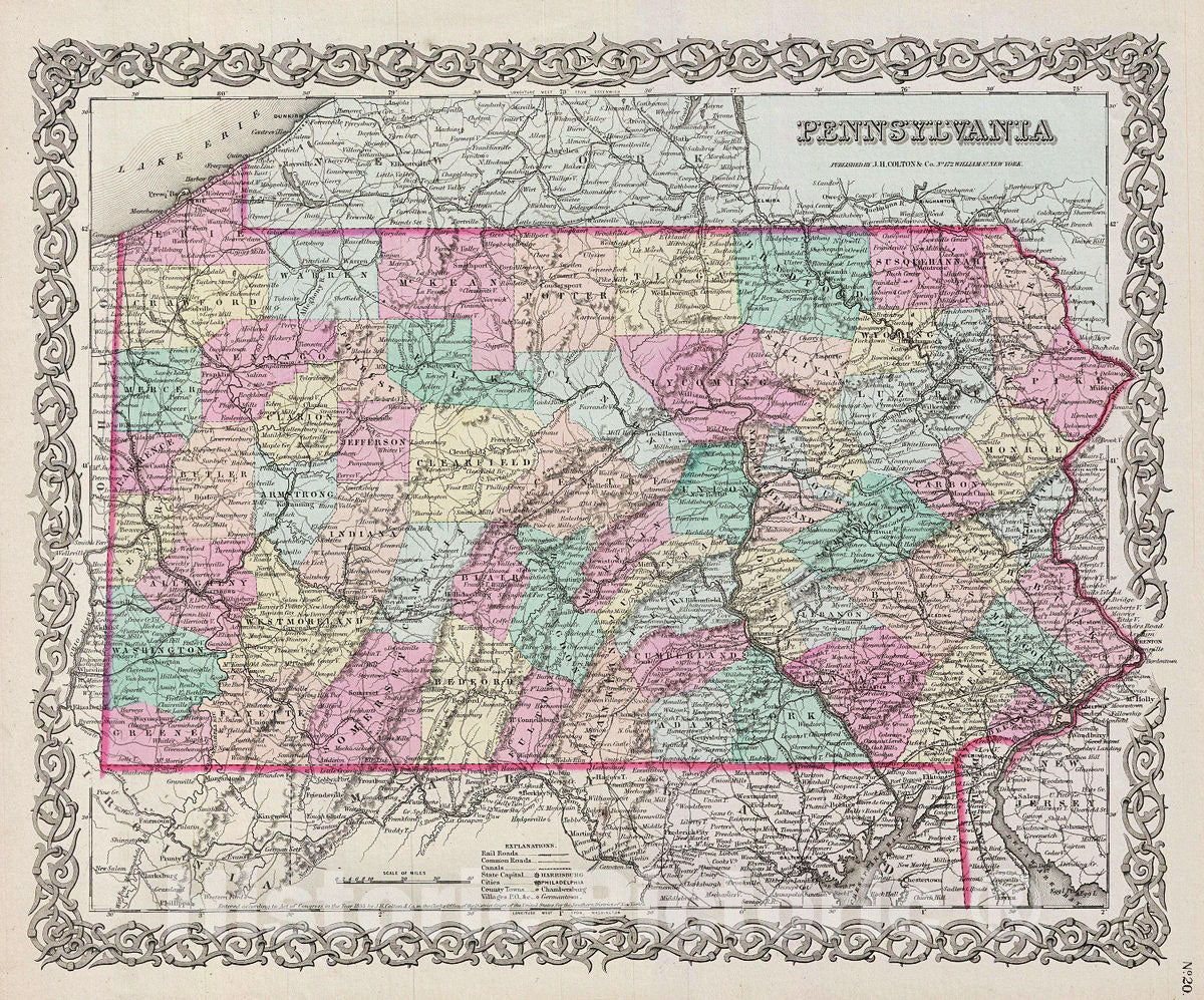 Historic Map : Colton Map of Pennsylvania, 1856, Vintage Wall Art