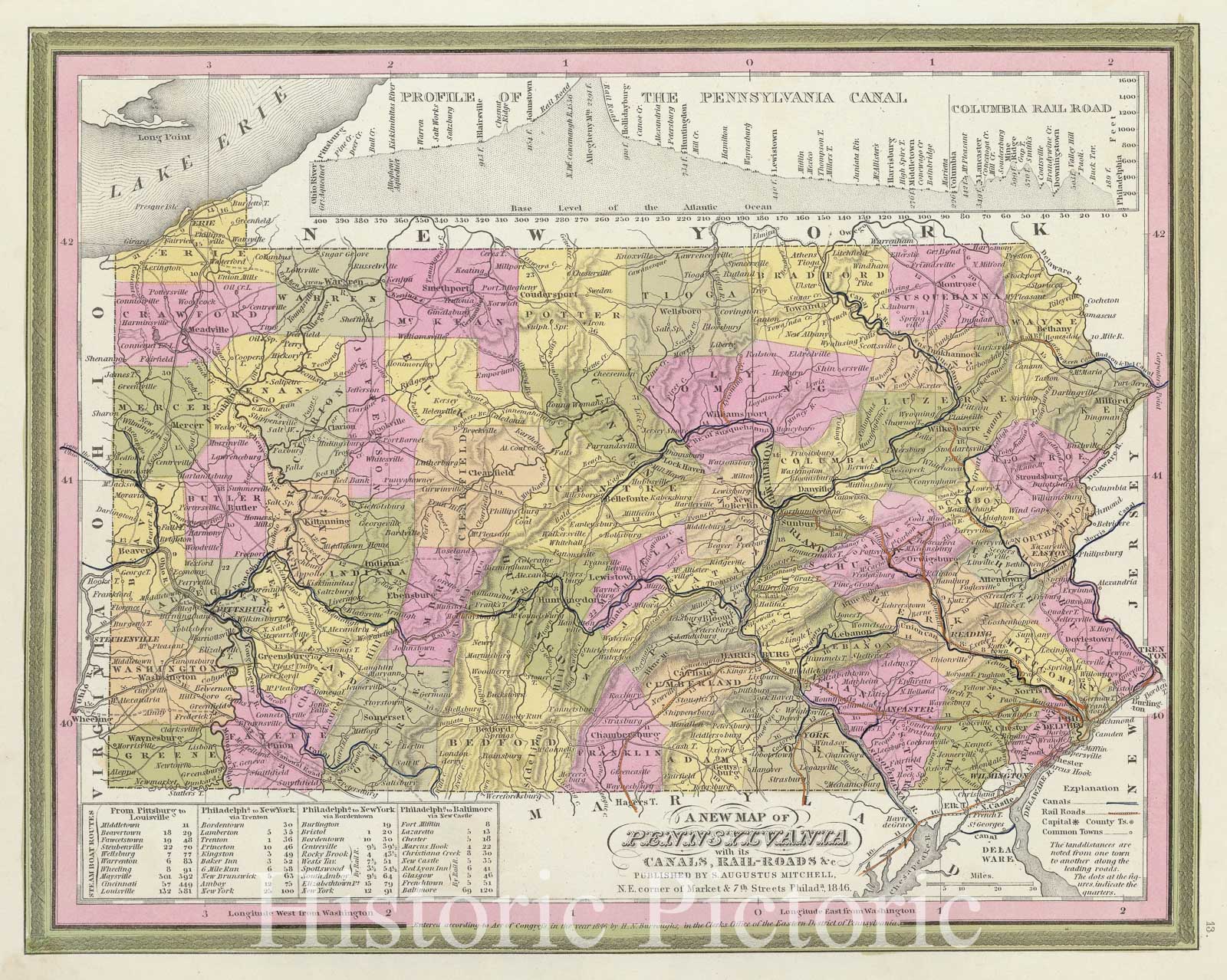 Historic Map : Mitchell Map of Pennsylvania, 1849, Vintage Wall Art
