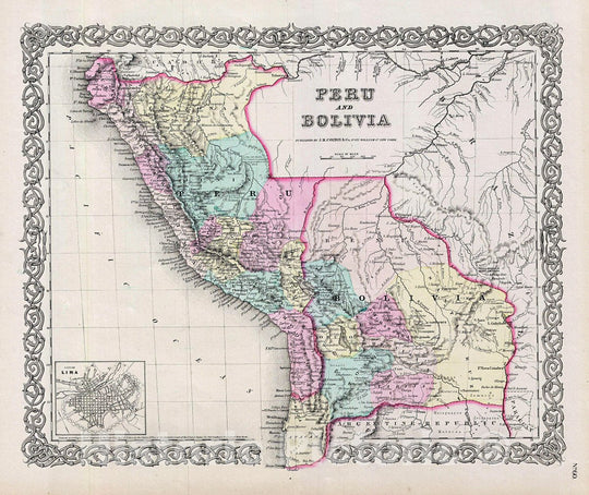 Historic Map : Colton Map of Peru and Bolivia, 1856, Vintage Wall Art