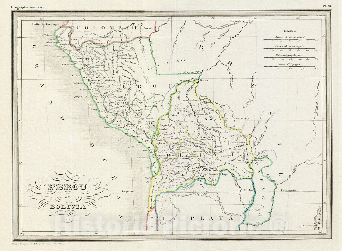 Historic Map : MalteBrun Map of Peru and Bolivia, 1843, Vintage Wall Art