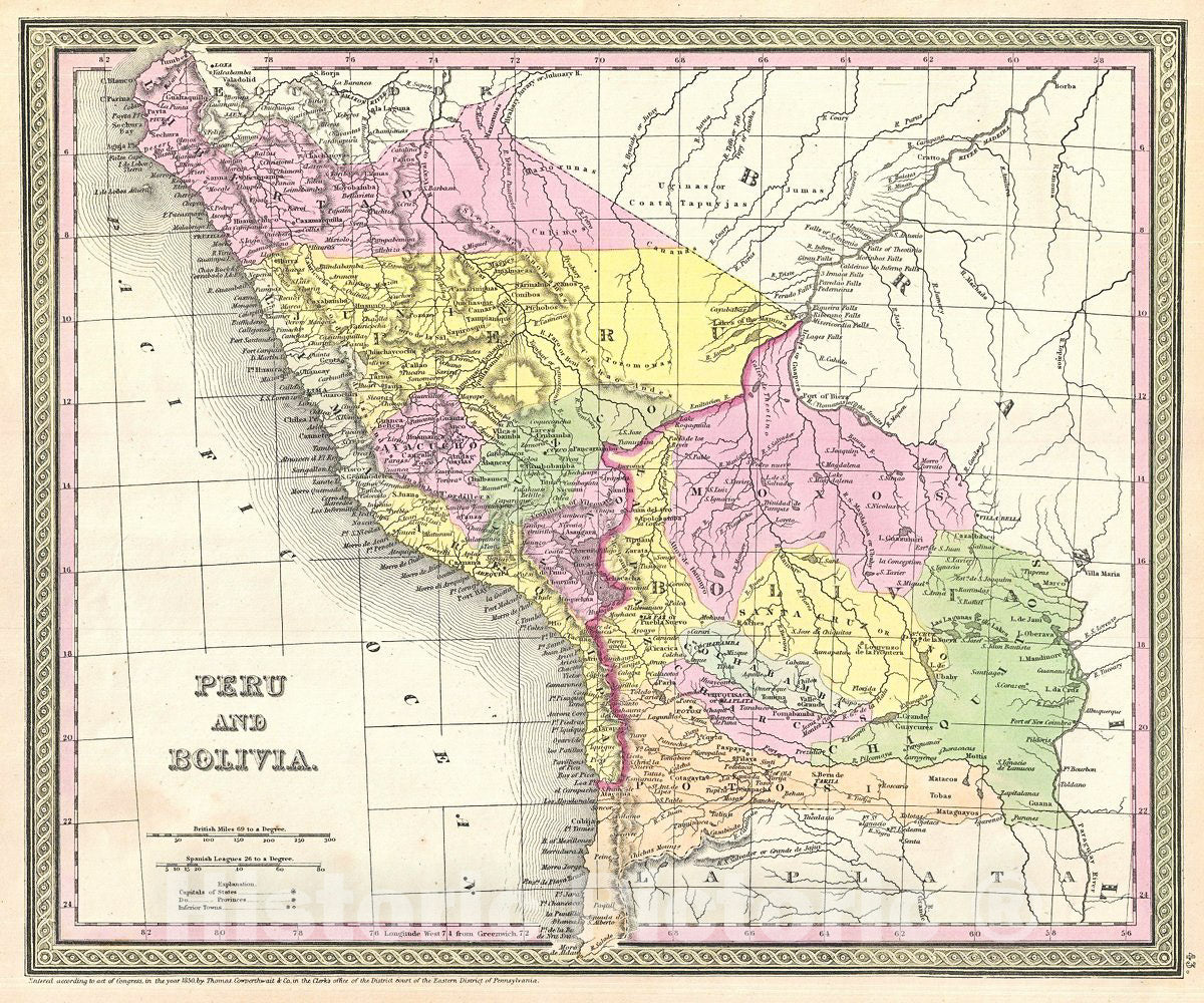 Historic Map : Mitchell Map of Peru and Bolivia, Version 2, 1854, Vintage Wall Art