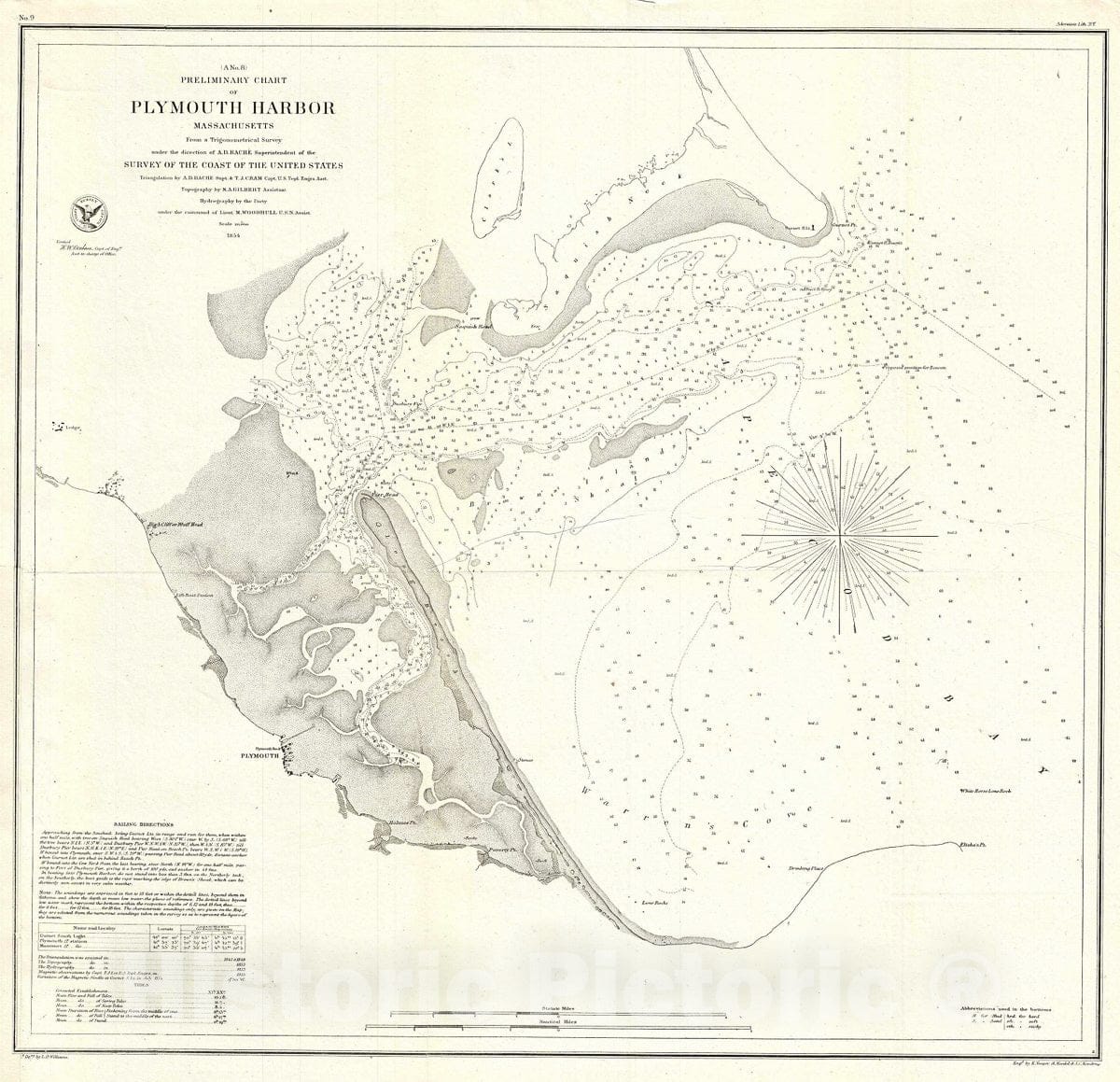 Historic Map : U.S. Coast Survey Chart or Antique Map of Plymouth Harbor, Massachusetts, 1854, Vintage Wall Art