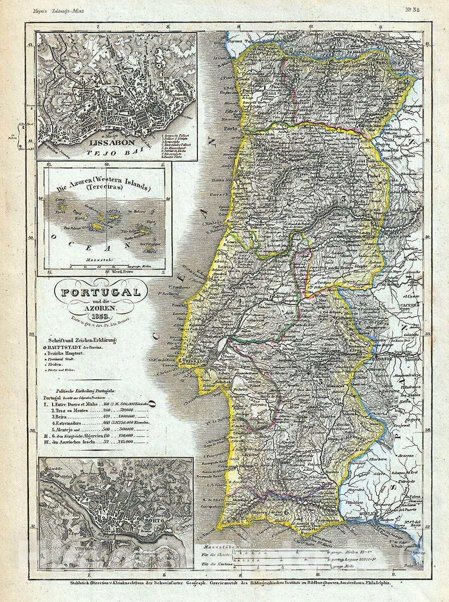 Historic Map : Meyer Map of Portugal, 1853, Vintage Wall Art