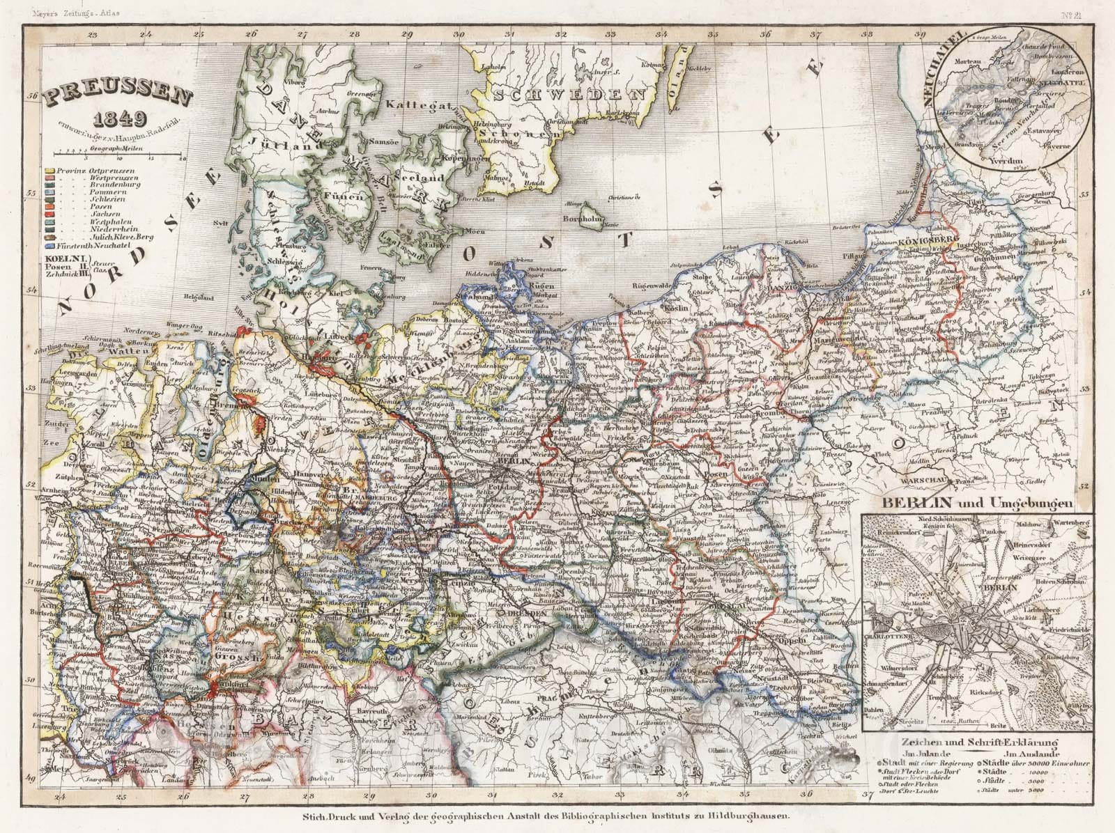 Historic Map : Meyer Map of Prussia, Germany and The Germanic Confederation, 1849, Vintage Wall Art
