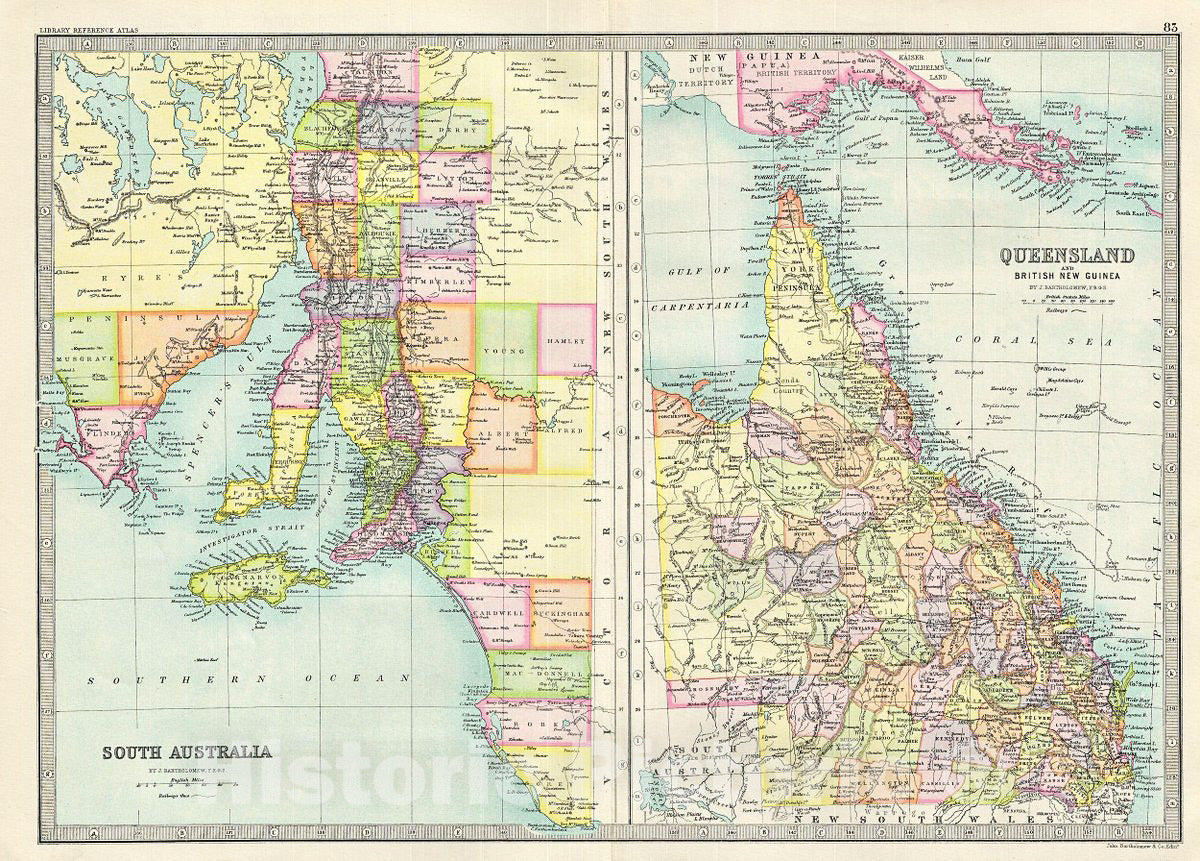 Historic Map : Bartholomew Map of Queensland and South Australia, Australia, 1890, Vintage Wall Art