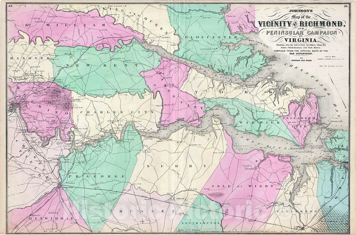 Historic Map : Johnson Map of Richmond, Virginia and Vicinity (Peninsular Campaign), 1862, Vintage Wall Art