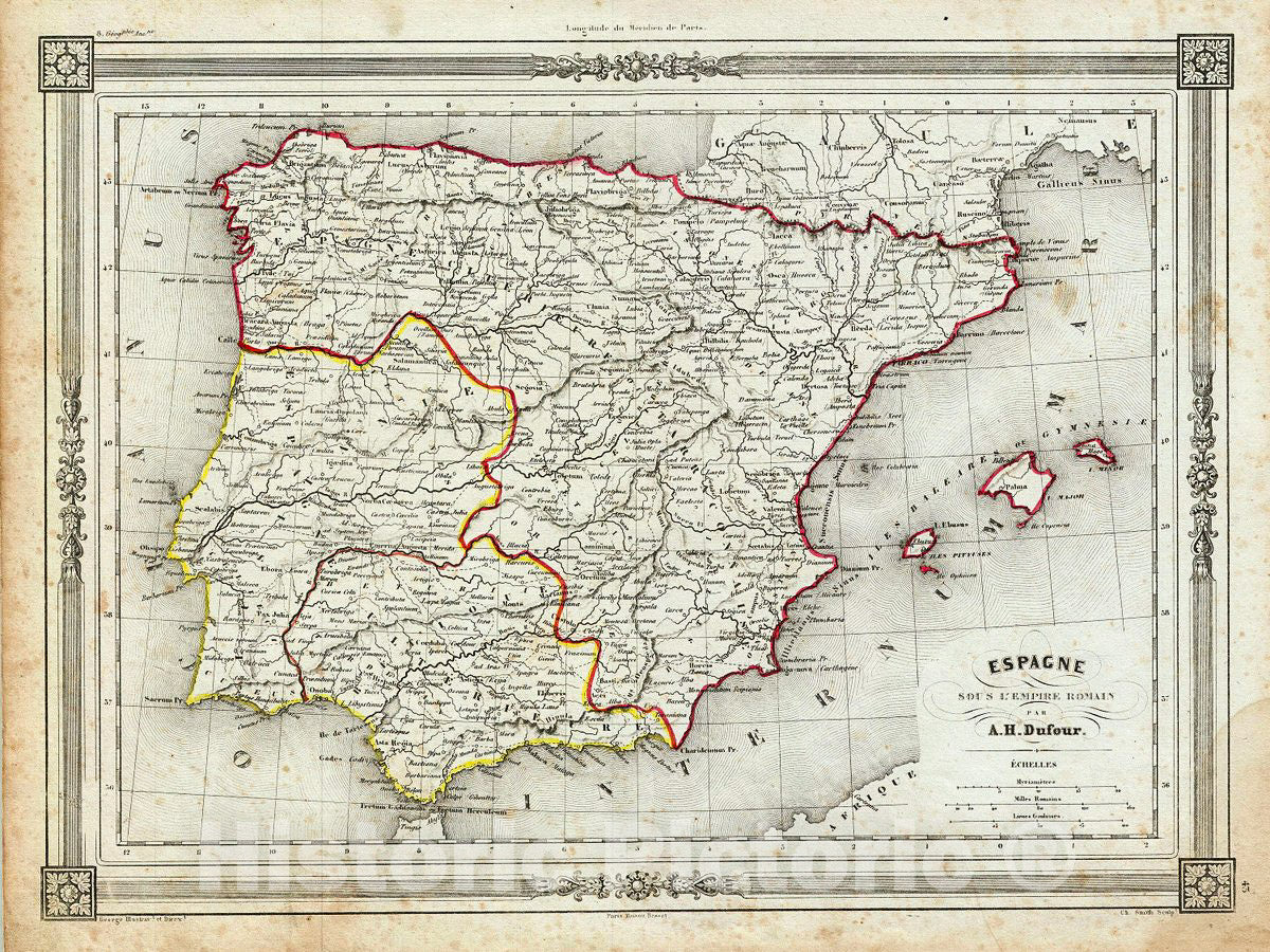 Historic Map : Dufour Map of Spain Under The Roman Empire, 1852, Vintage Wall Art