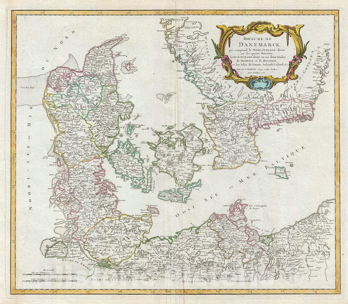 Historic Map : Vaugondy Antique Map of Denmark, 1750, Vintage Wall Art
