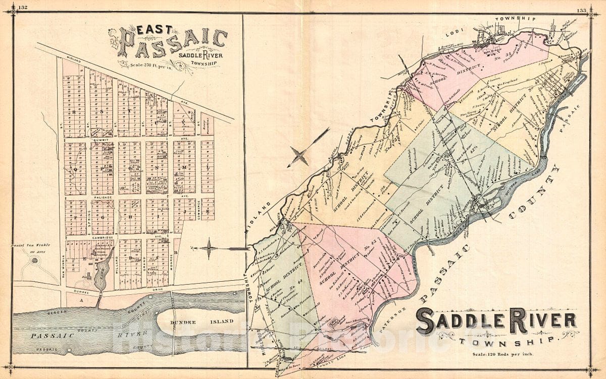 Historic Map : Walker Antique Map of Saddle River Township, New Jersey w/East Passaic, 1876, Vintage Wall Art