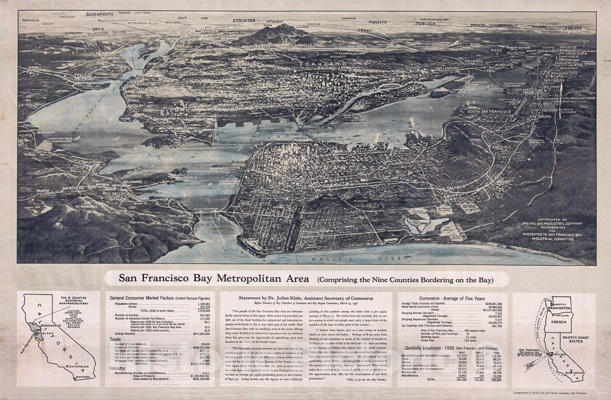 Historic Map : Pacific Gas and Electric Bird'sEye View Map of San Francisco, California, 1932, Vintage Wall Art