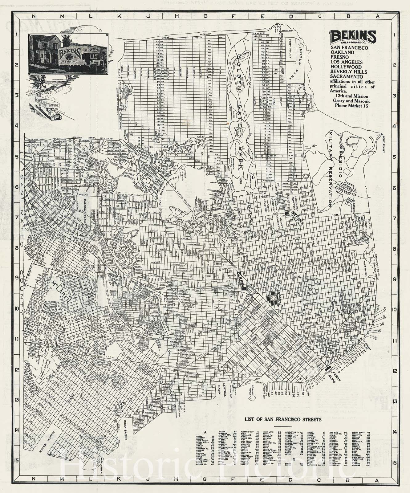 Historic Map : Bekins Antique Map or Plan of The City of San Francisco, California, 1930, Vintage Wall Art