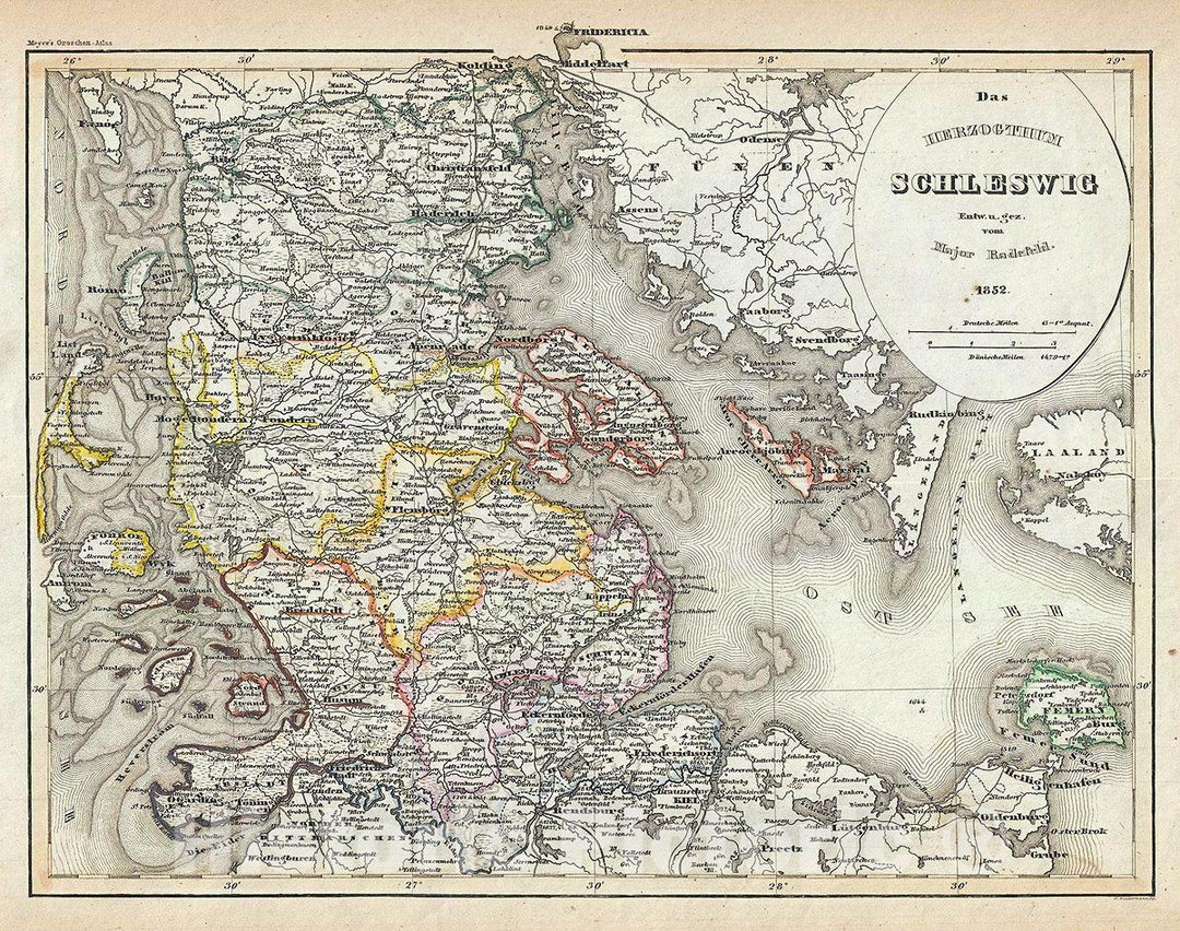 Historic Map : Meyer Map of The Duchy of Schleswig, 1852, Vintage Wall Art