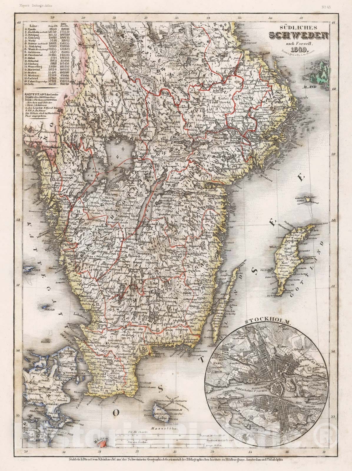 Historic Map : Meyer Map of Sweden, 1852, Vintage Wall Art
