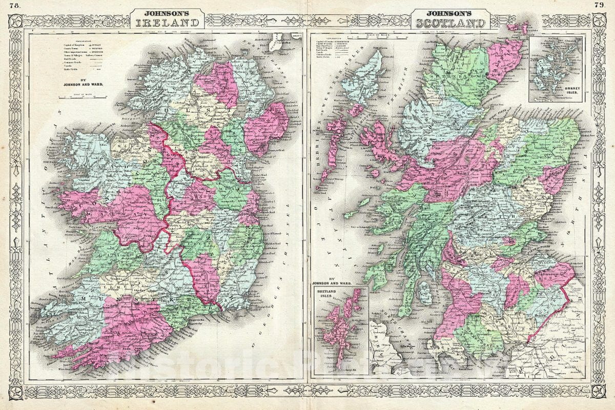 Historic Map : Johnson Map of Ireland and Scotland, 1864, Vintage Wall Art