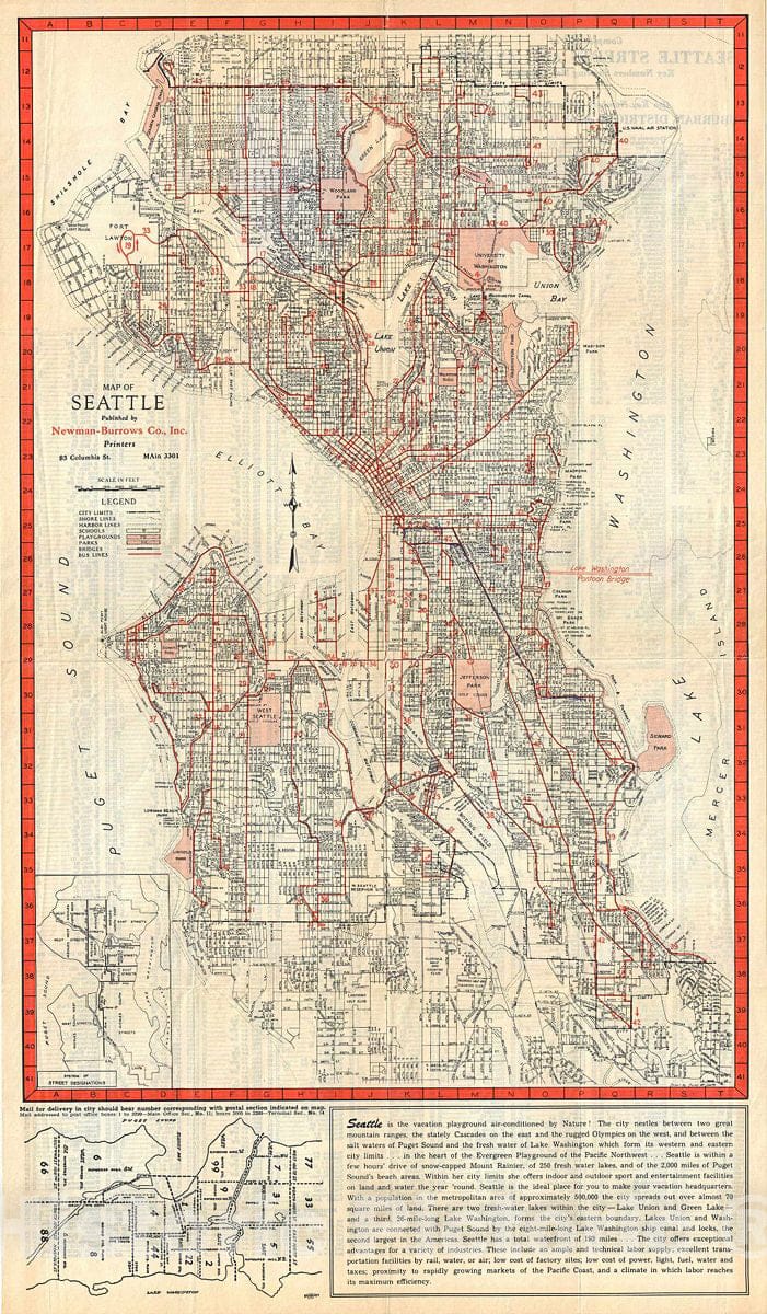 Historic Map : Smith Antique Map or Plan of Seattle, Washington, 1948, Vintage Wall Art
