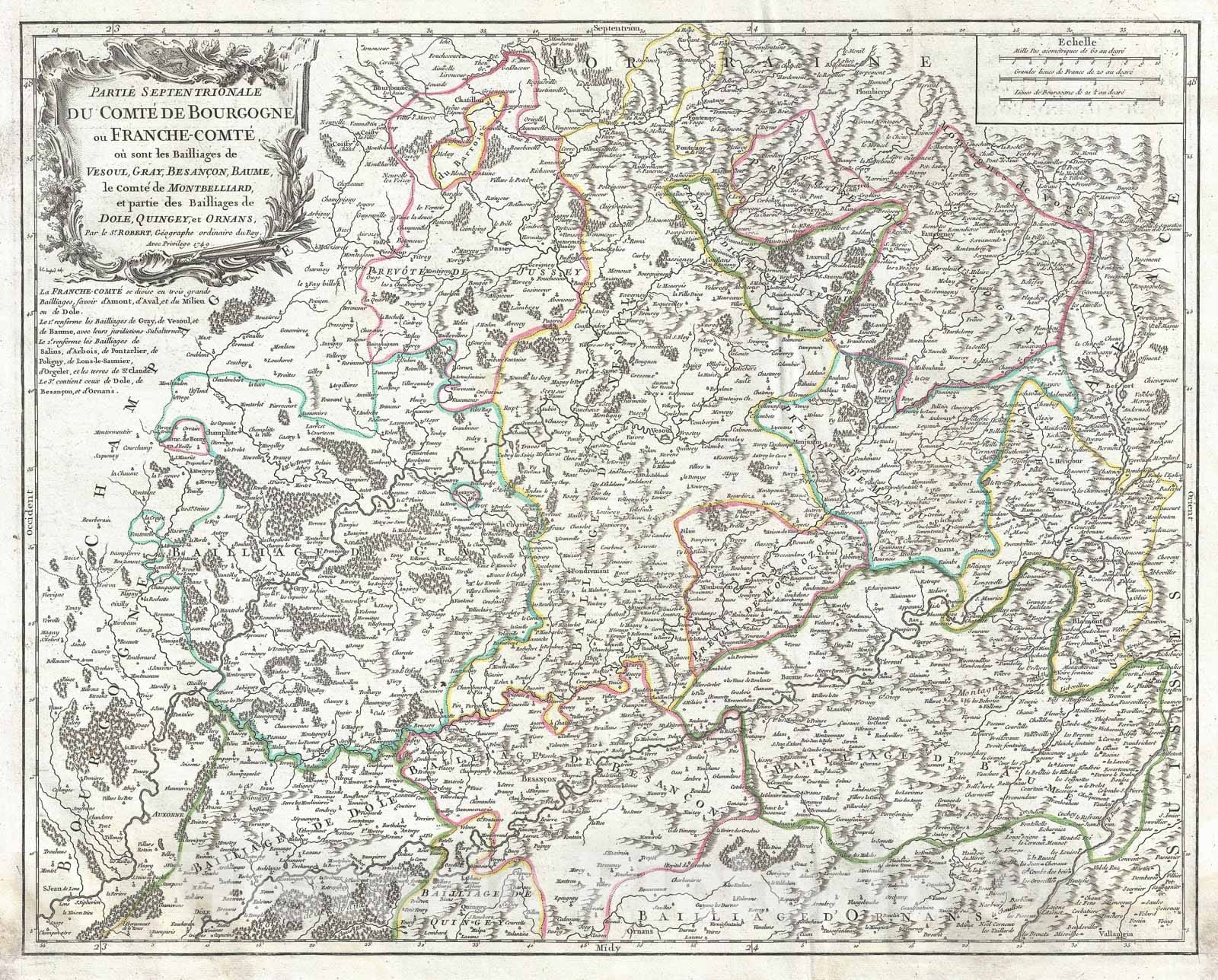 Historic Map : Vaugondy Map of Northern FrancheComte, France (Burgundy Wine Region), 1749, Vintage Wall Art