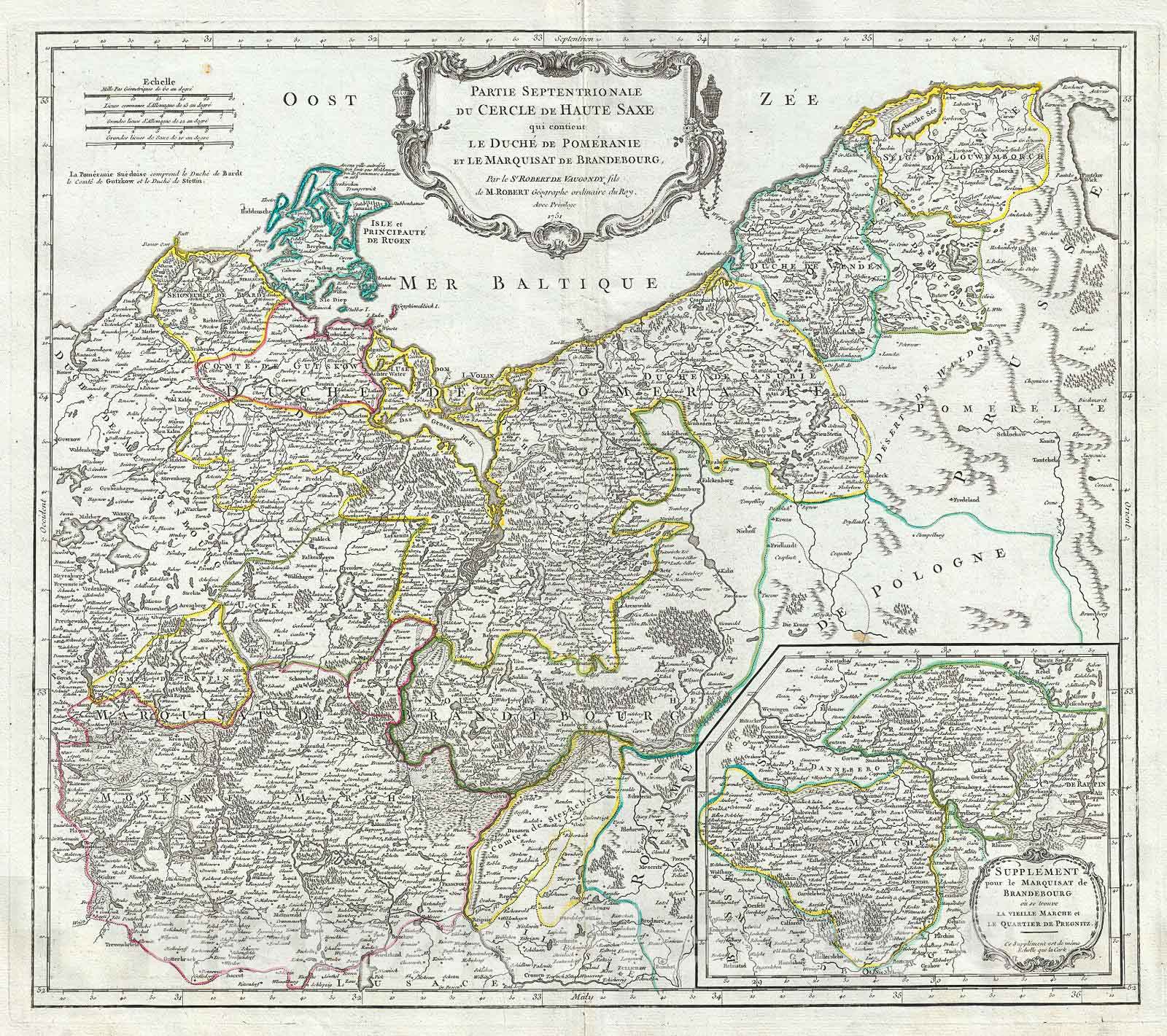 Historic Map : Vaugondy Antique Map of The Northern Portions of Upper Sain xony, Germany, 1751, Vintage Wall Art
