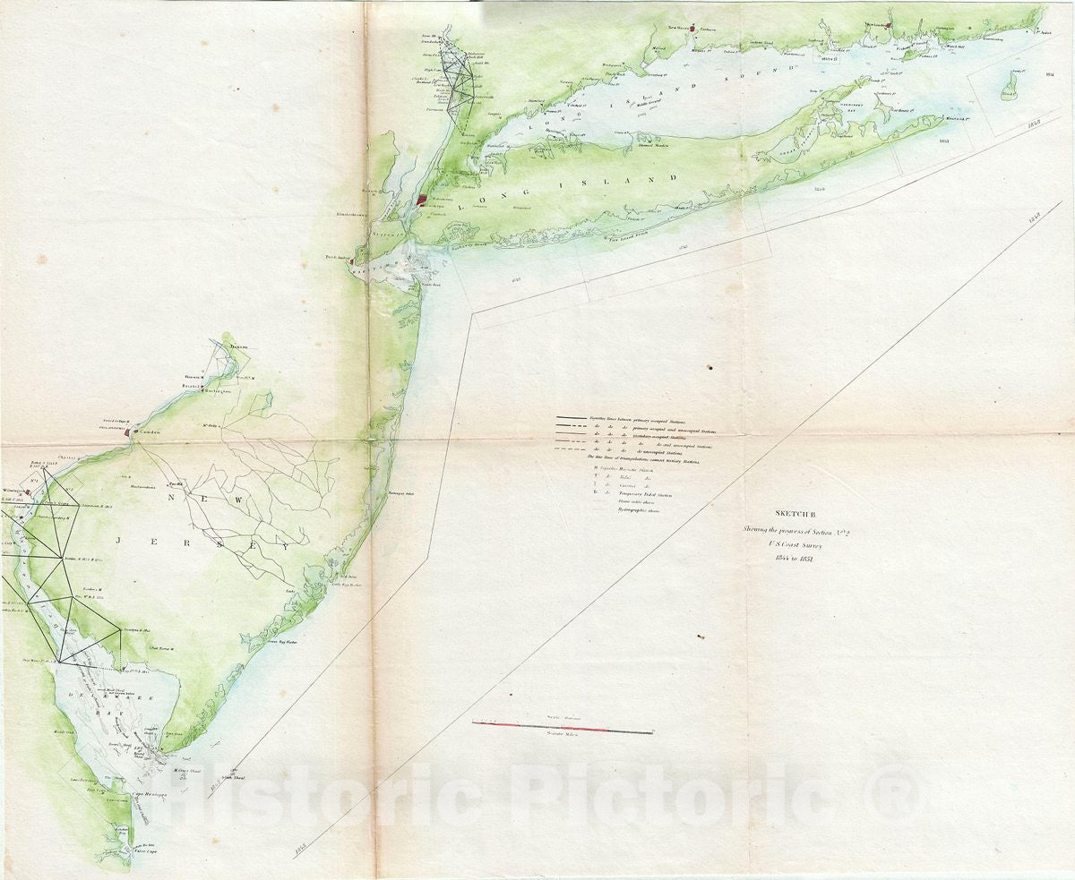 Historic Map : U.S. Coast Survey Map of New Jersey, Long Island and New York, 1851, Vintage Wall Art
