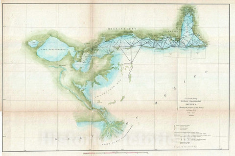 Historic Map : U.S. Coast Survey Map of Lake Pontchartrain, New Orleans, and The Mississippi Delta, 1851, Vintage Wall Art