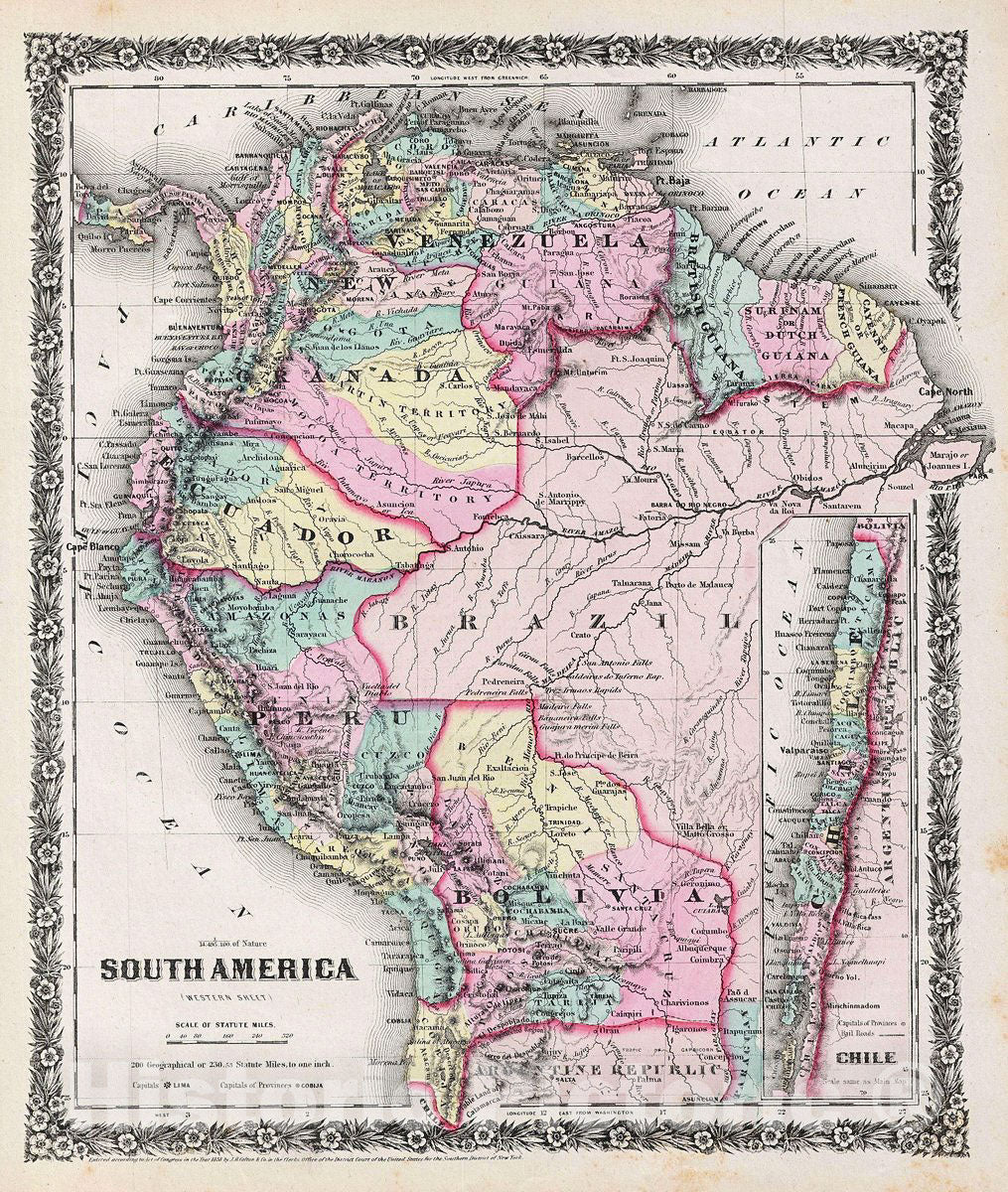 Historic Map : Colton Antique Map of South America, 1858, Vintage Wall Art
