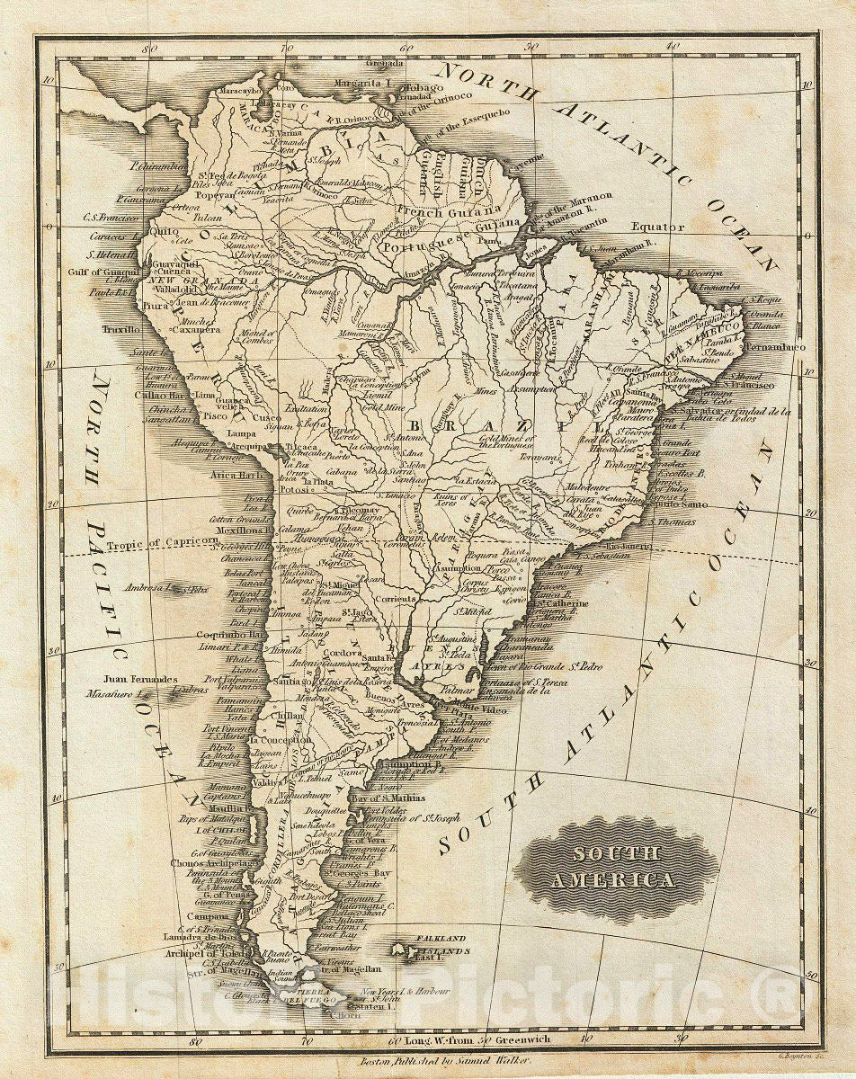 Historic Map : MalteBrun Map of South America, 1828, Vintage Wall Art