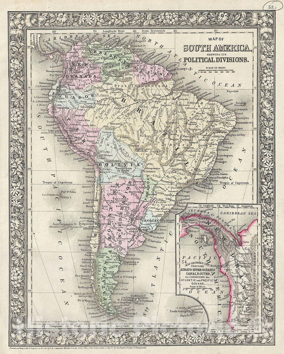 Historic Map : Mitchell Map of South America, Version 6, 1866, Vintage Wall Art