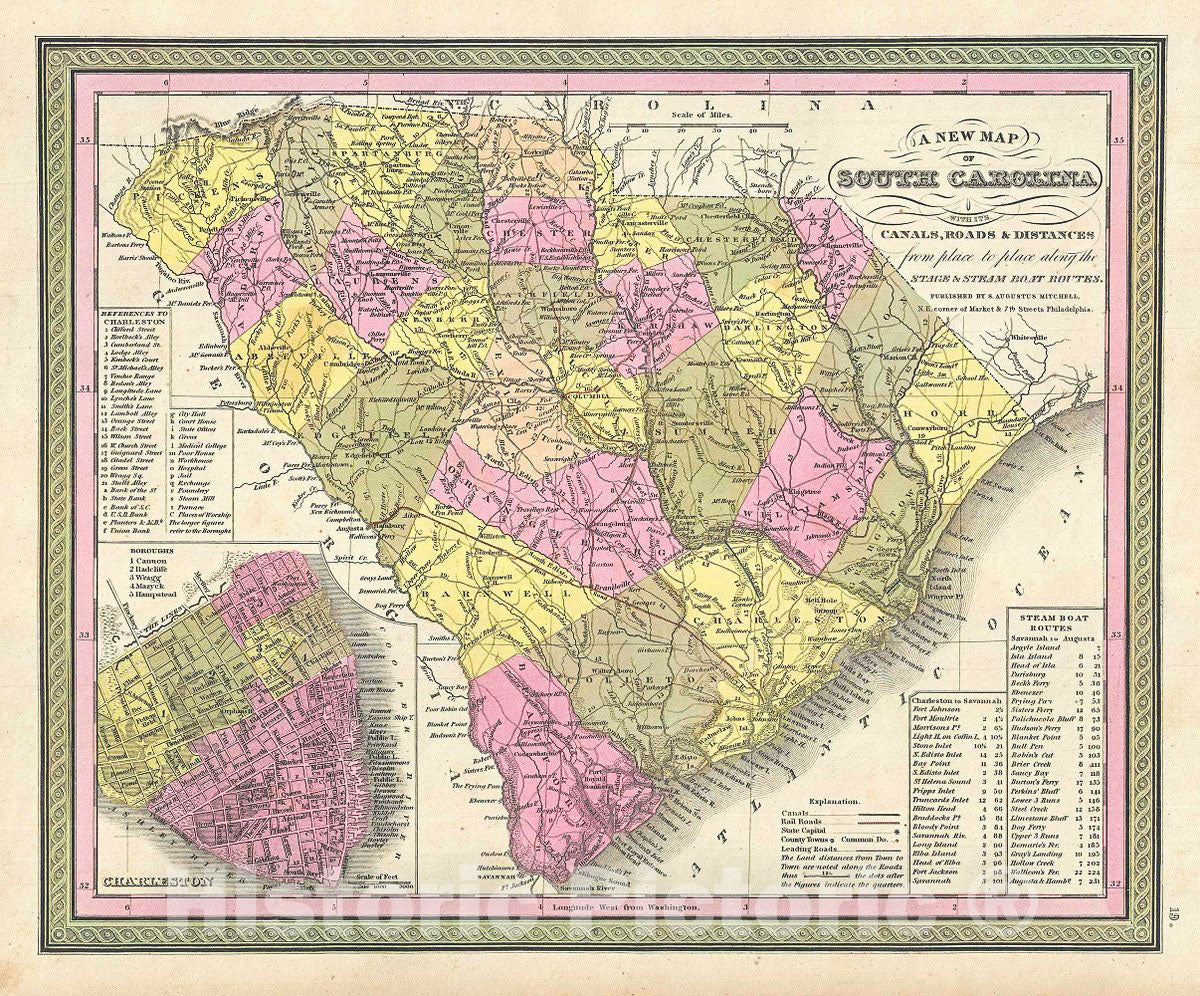 Historic Map : Mitchell Map of South Carolina, 1849, Vintage Wall Art