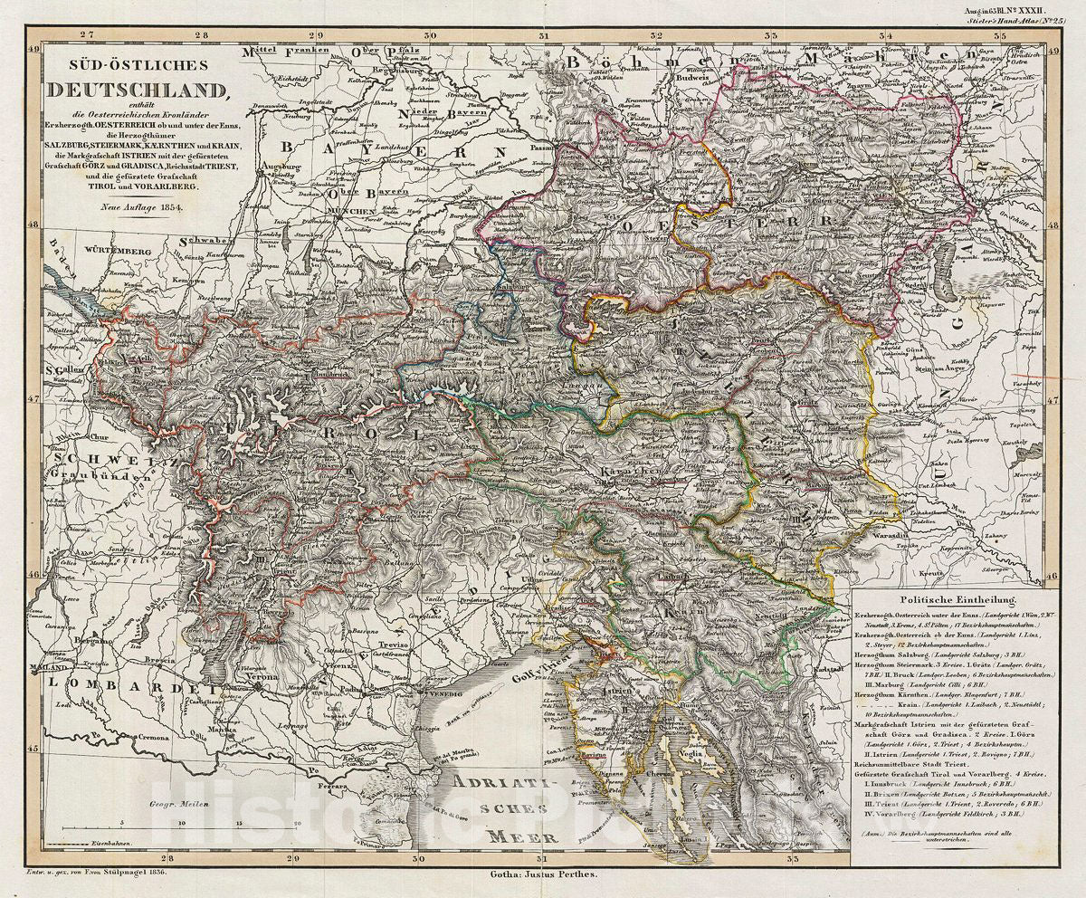 Historic Map : Perthes Map of Southeastern Germany, 1854, Vintage Wall Art