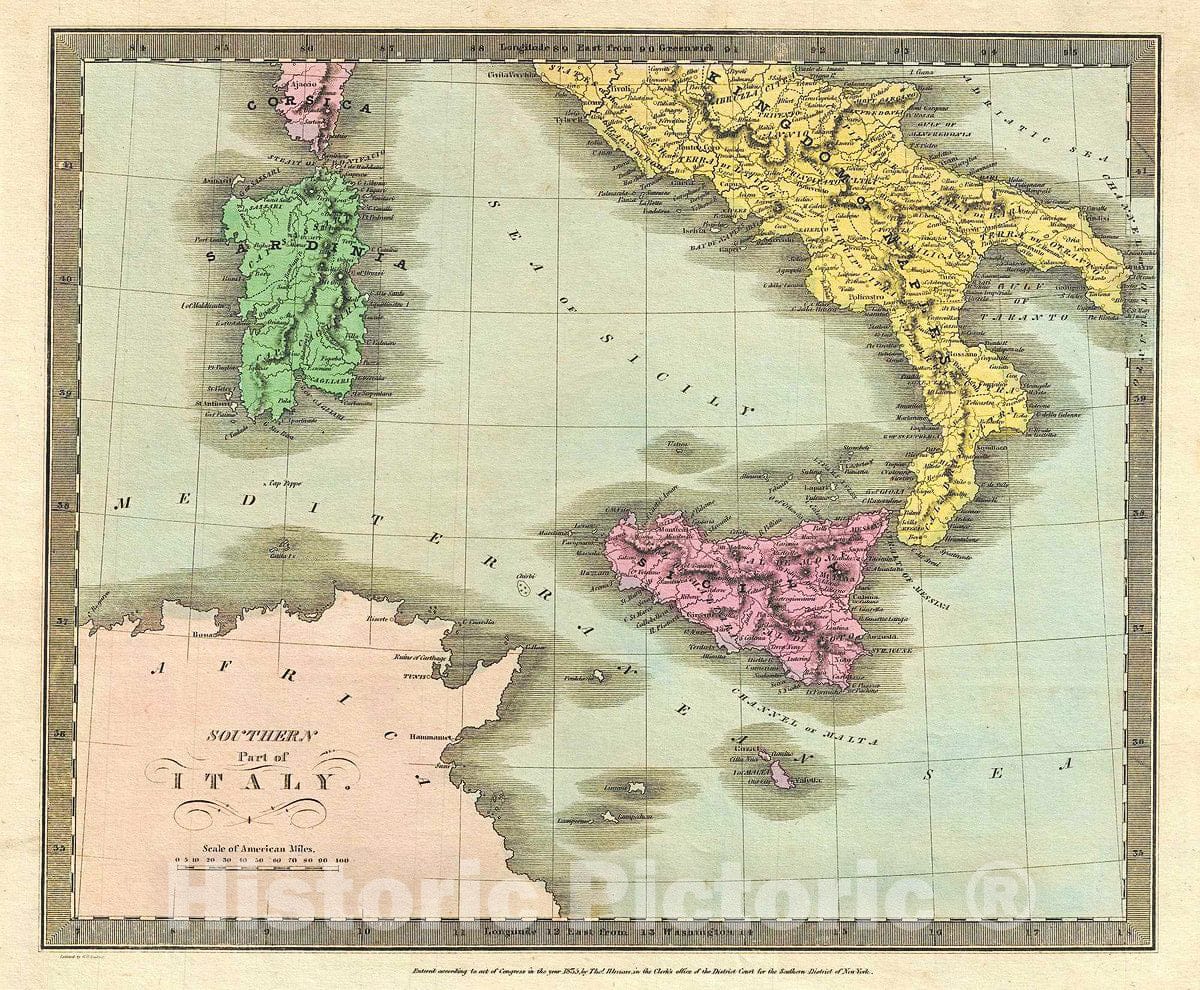 Historic Map : Burr Map of Southern Italy (Naples and Sicily), 1835, Vintage Wall Art