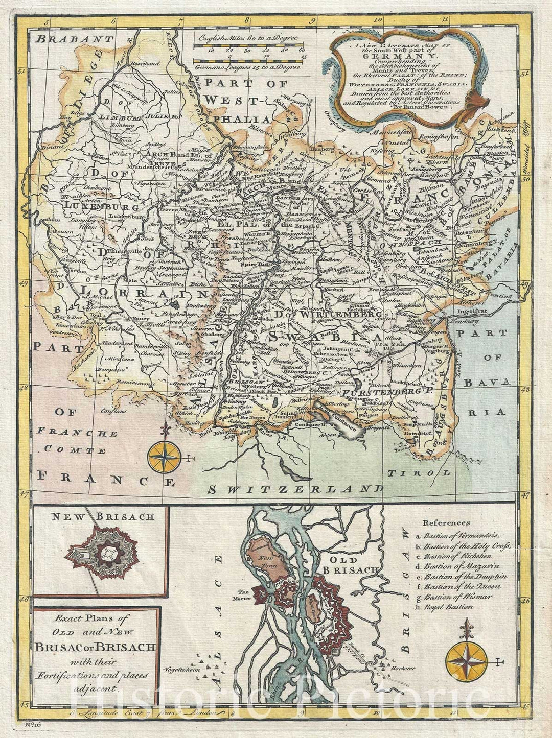 Historic Map : Bowen Map of Southwest Germany (Franconia, Swabia) with France and Luxemburg, 1747, Vintage Wall Art