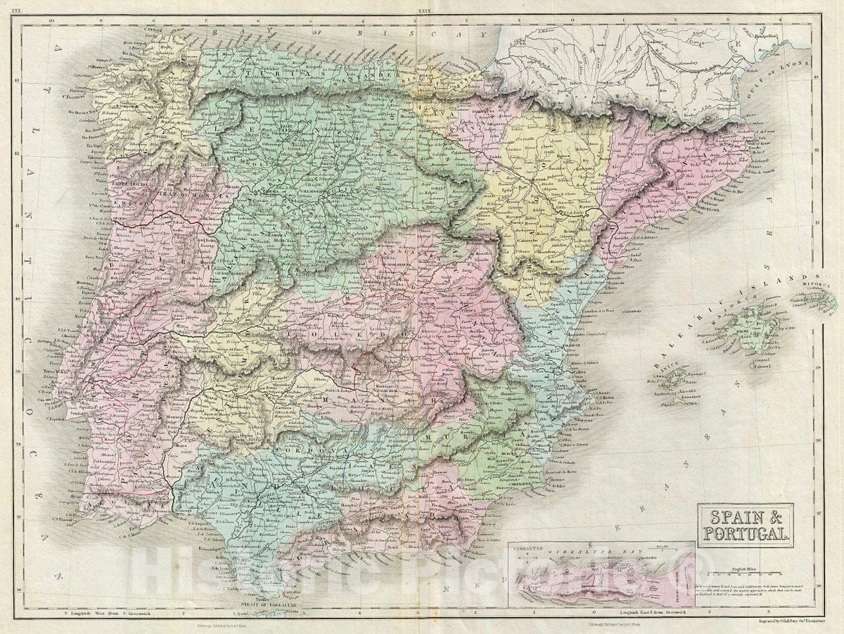 Historic Map : Black Map of Spain and Portugal, Version 2, 1851, Vintage Wall Art