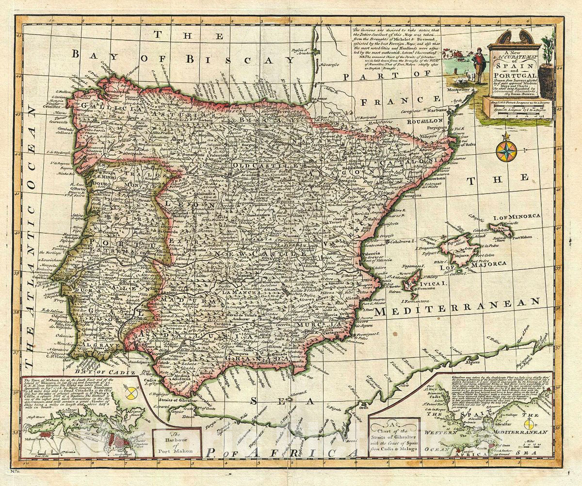 Historic Map : Bowen Map of Spain and Portugal, 1747, Vintage Wall Art
