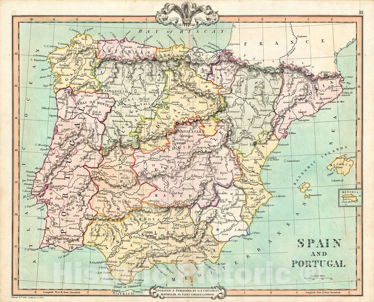 Historic Map : Cruchley Map of Spain and Portugal, 1850, Vintage Wall Art