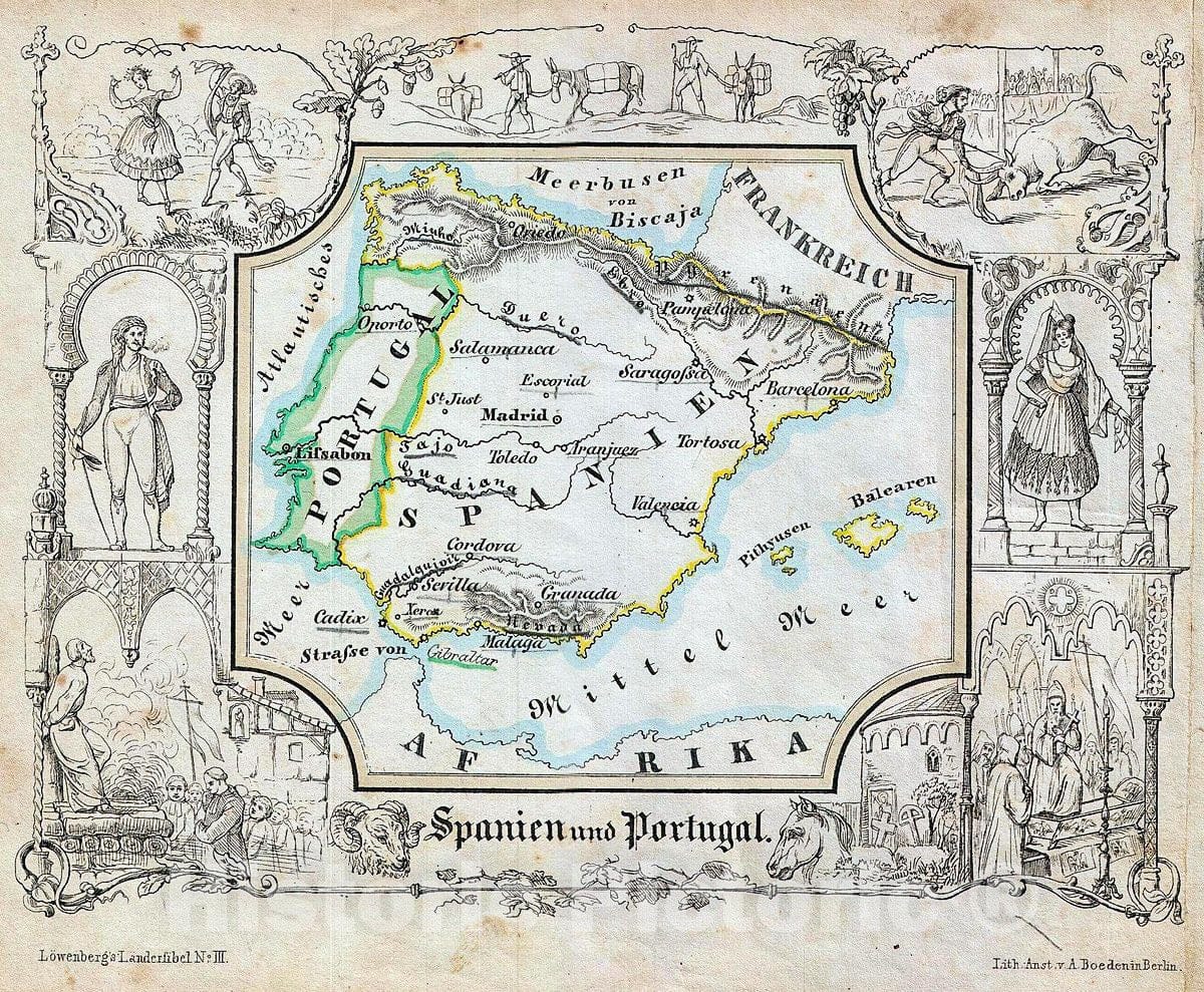 Historic Map : Lowenberg Whimsical Map of Spain and Portugal, 1846, Vintage Wall Art