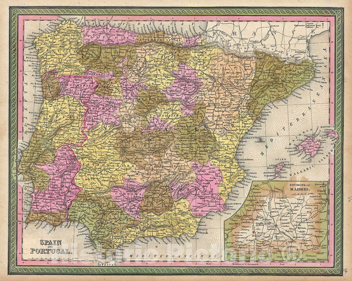 Historic Map : Mitchell Map of Spain and Portugal, 1849, Vintage Wall Art
