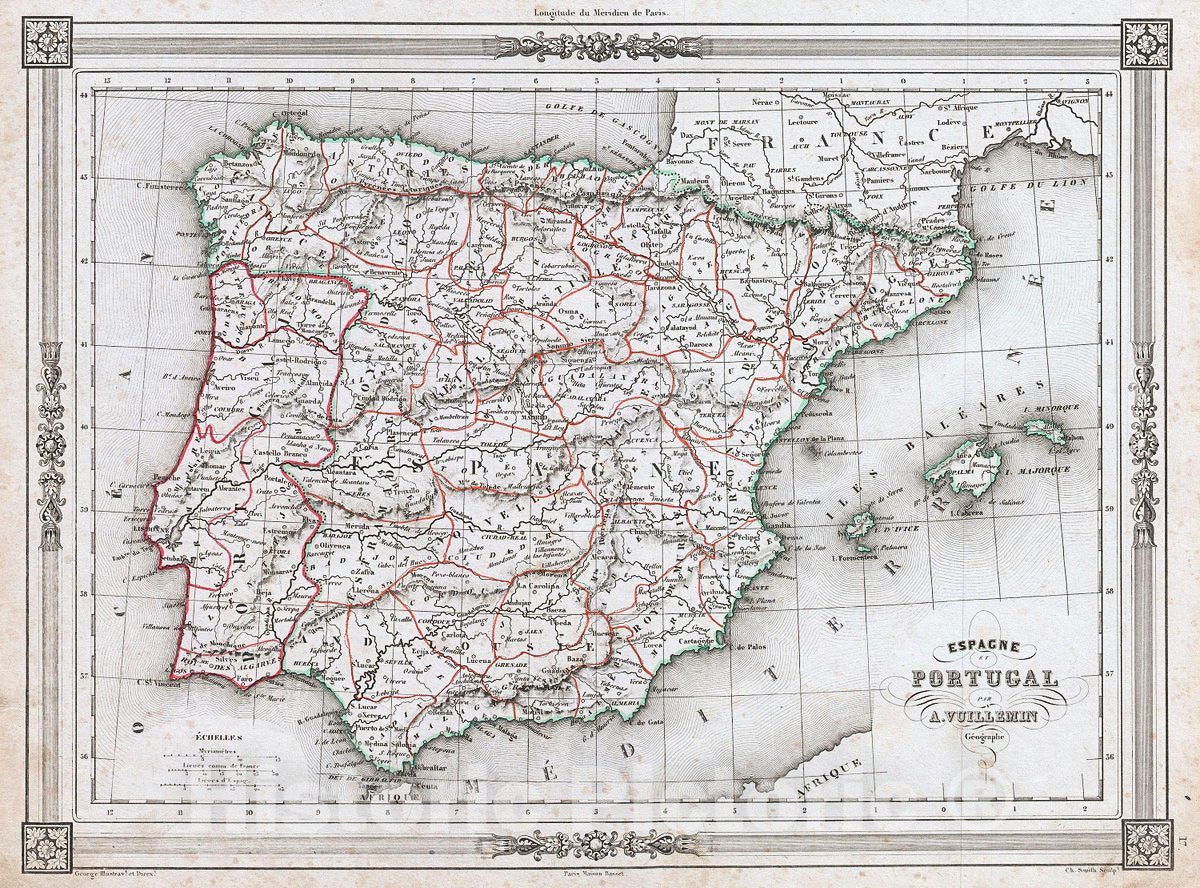 Historic Map : Vuillemin Map of Spain and Portugal, 1852, Vintage Wall Art
