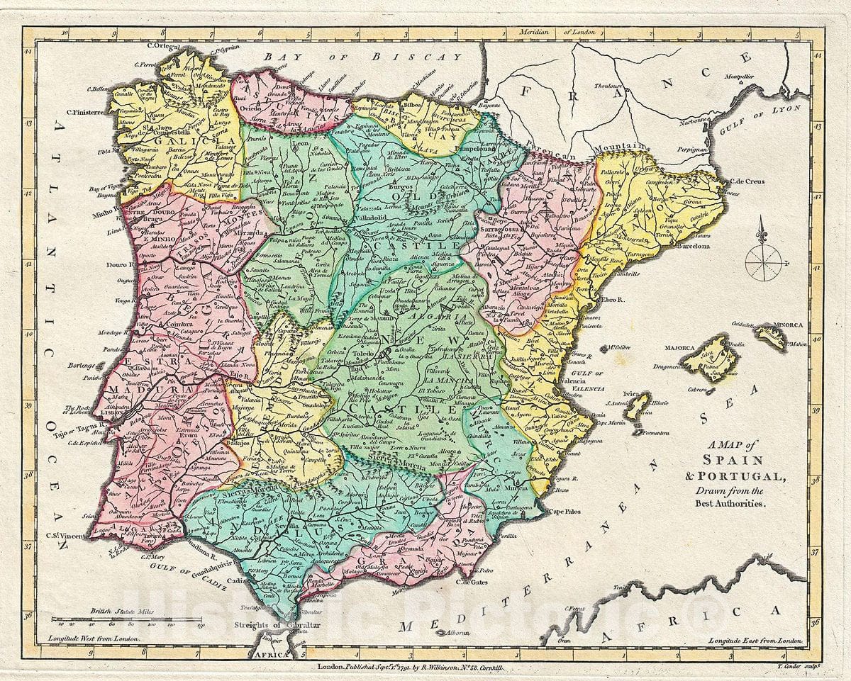 Historic Map : Wilkinson Map of Spain and Portugal, 1791, Vintage Wall Art