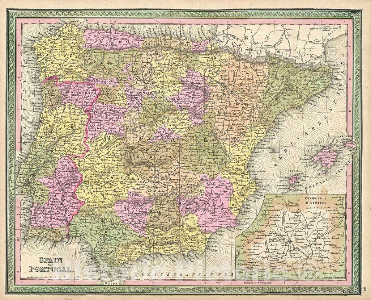 Historic Map : Mitchell Map of Spain and Portugal, Version 2, 1849, Vintage Wall Art