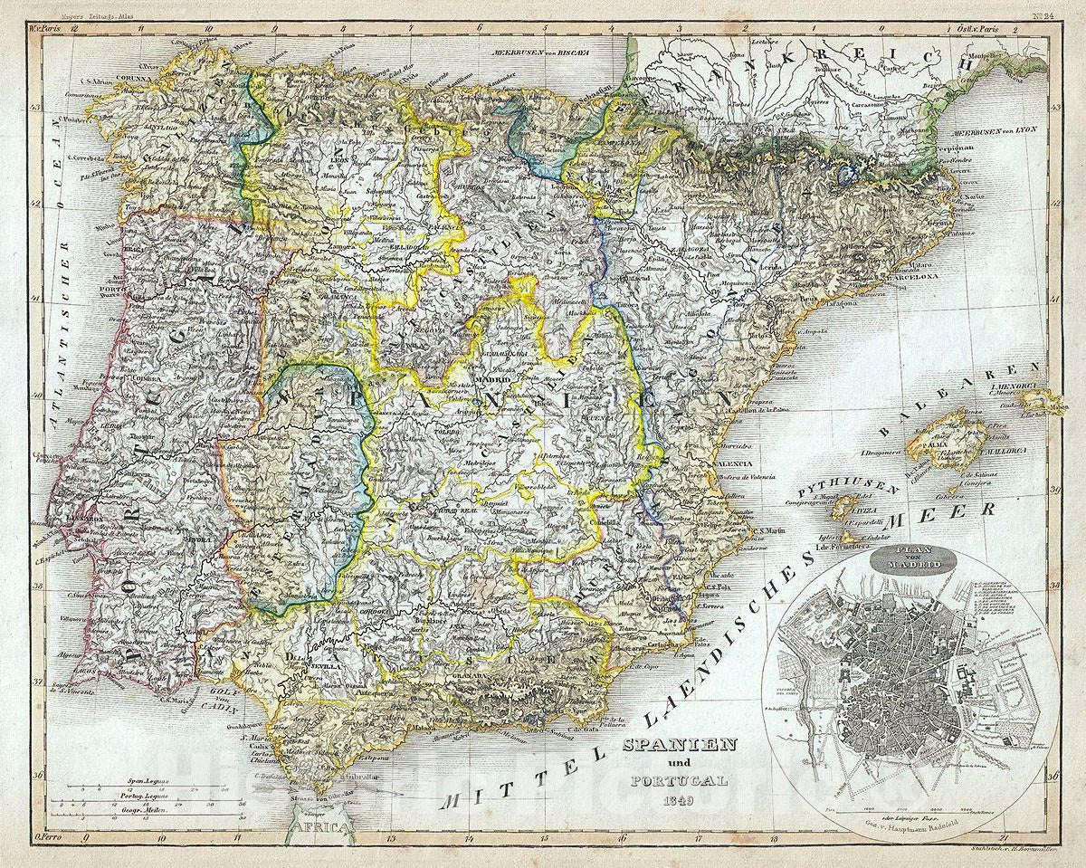 Historic Map : Meyer Map of Spain and Portugal, 1849, Vintage Wall Art