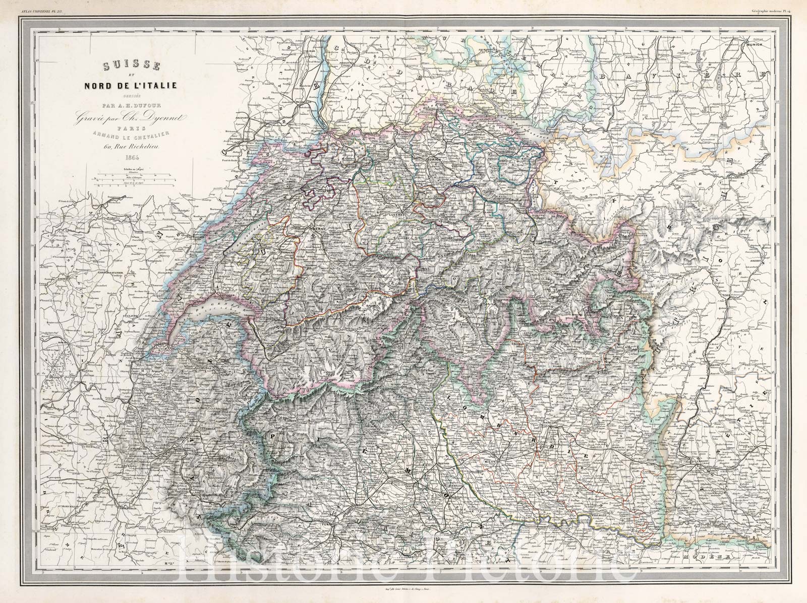 Historic Map : Dufour Map of Switzerland and Northern Italy, 1861, Vintage Wall Art