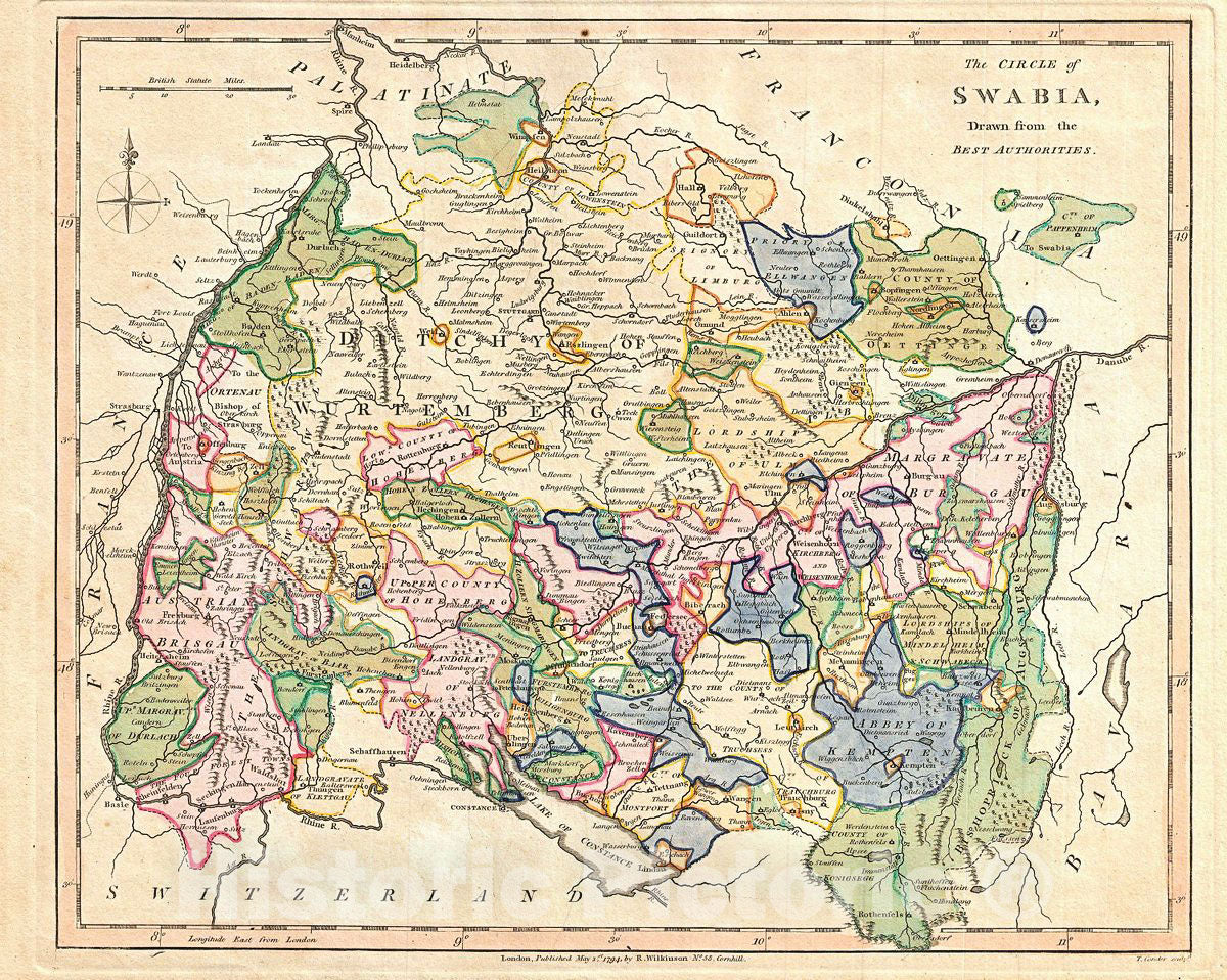 Historic Map : Wilkinson Map of Swabia, Germany, Version 2, 1794, Vintage Wall Art