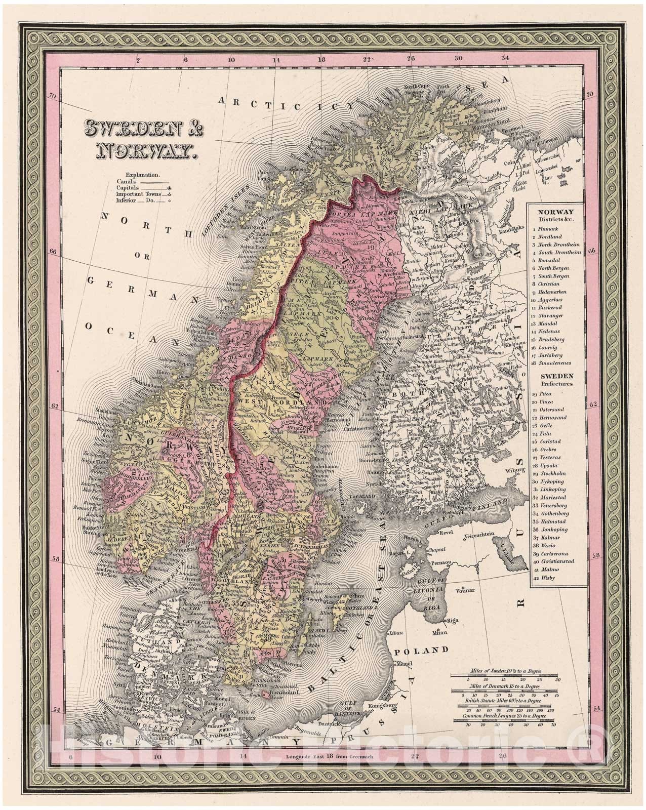 Historic Map : Mitchell Map of Scandinavia (Sweden, Norway), 1849, Vintage Wall Art