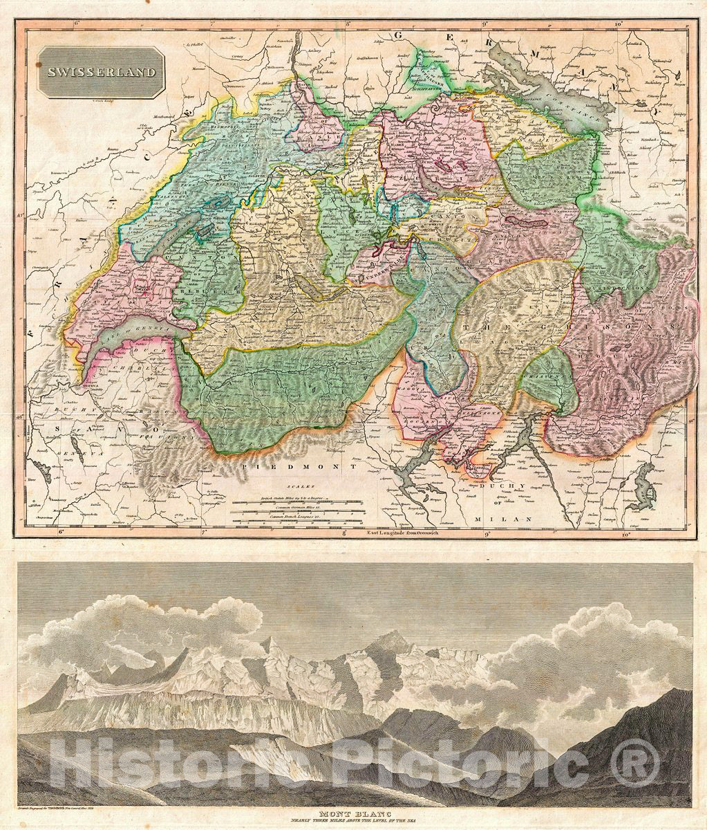 Historic Map : Thomson Antique Map of Switzerland with View of Mont Blanc, 1814, Vintage Wall Art