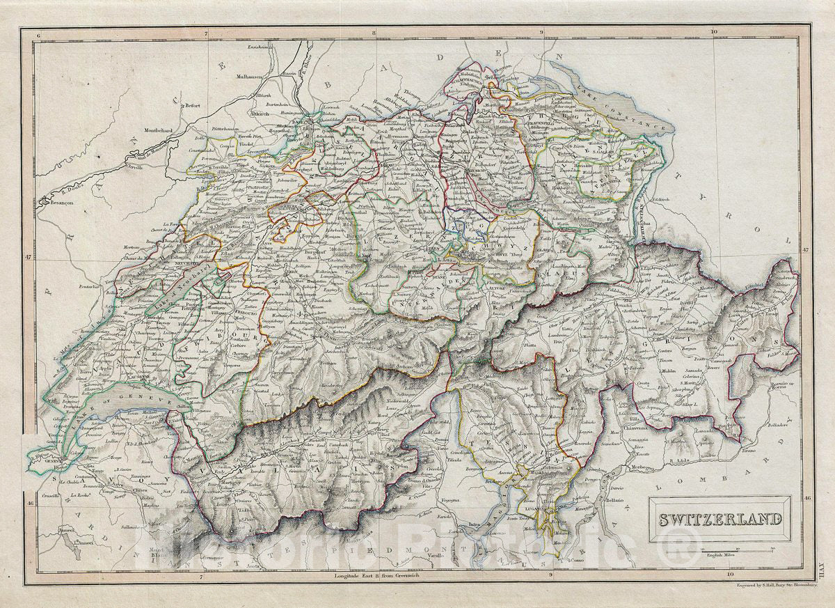 Historic Map : Black Map of Switzerland, 1840, Vintage Wall Art