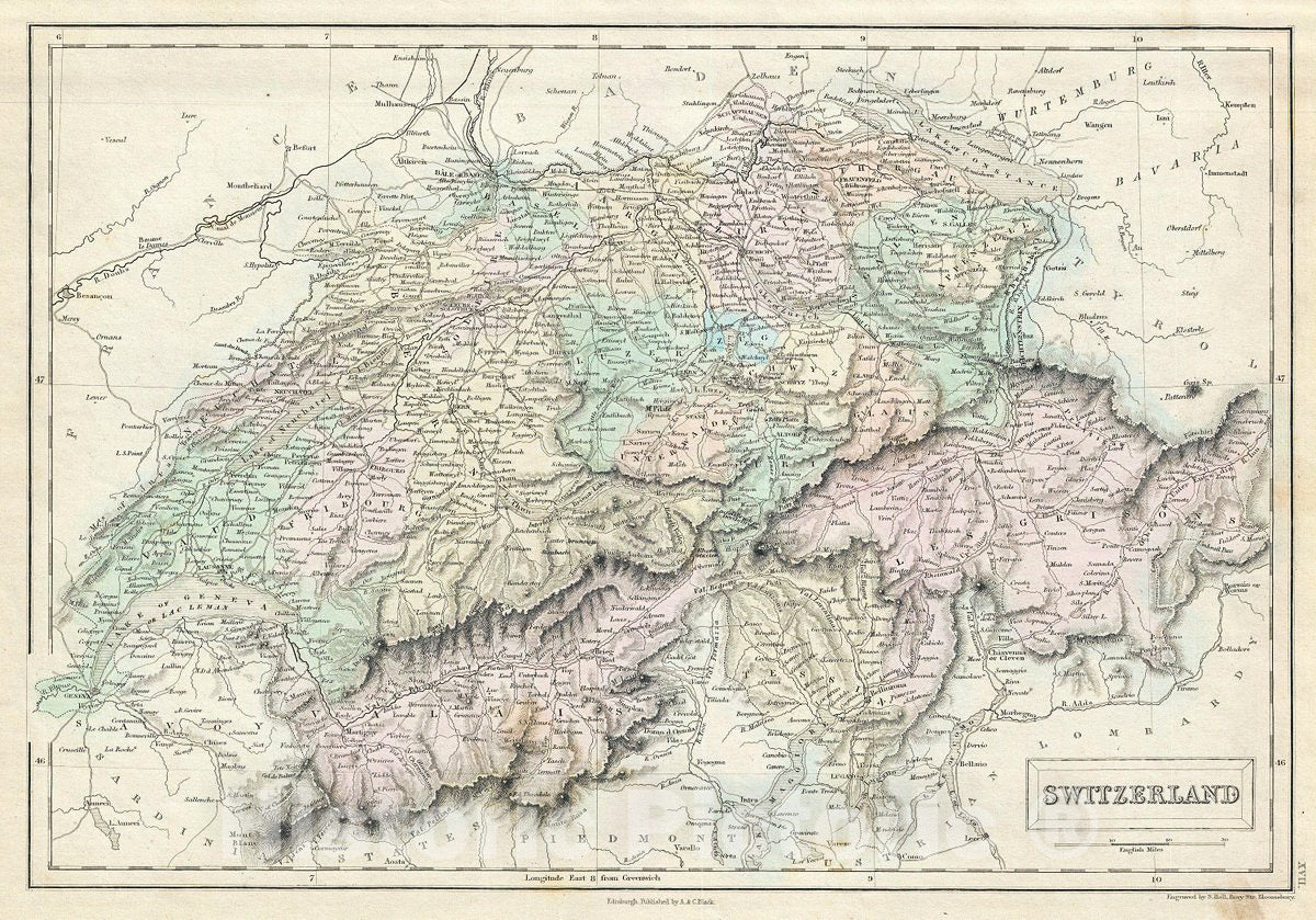 Historic Map : Black Map of Switzerland, Version 3, 1851, Vintage Wall Art