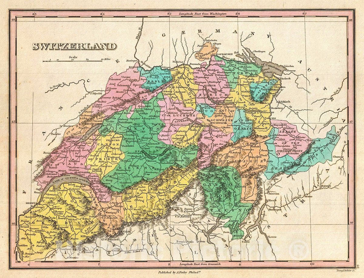 Historic Map : Finley Map of Switzerland, 1827, Vintage Wall Art
